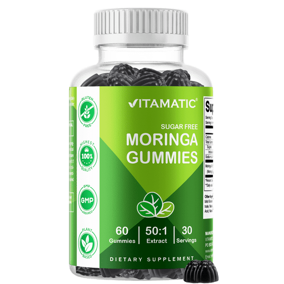 Vitamatic Moringa Gummies – Sugar-Free Botanical Extract – Green Superfood Supplement – Vegan, Pectin-Based, Non-GMO – Plant-Based Gummies – 60 Count