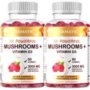 Vitamatic Mushroom Complex with D3, 60 Pectin Based Gummies, 3000 mg Equivalent Per Serving, Pack of 2