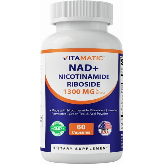 Vitamatic NAD Nicotinamide Riboside Supplement 1300mg 60 Ct - Support Healthy Aging, Cellular Energy Production, Made with Riboside, Quercetin, Resveratrol, Green Tea, & Acai Powder