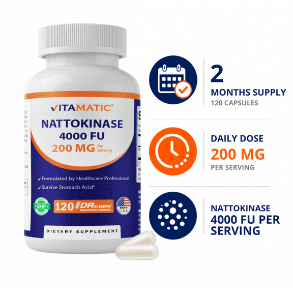 Vitamatic Nattokinase Supplement 4,000 FU Servings, 120 Delayed Released Capsules - Survives Stomach Acids - Circulatory Health Support - Non-GMO & Gluten Free - Made in The USA