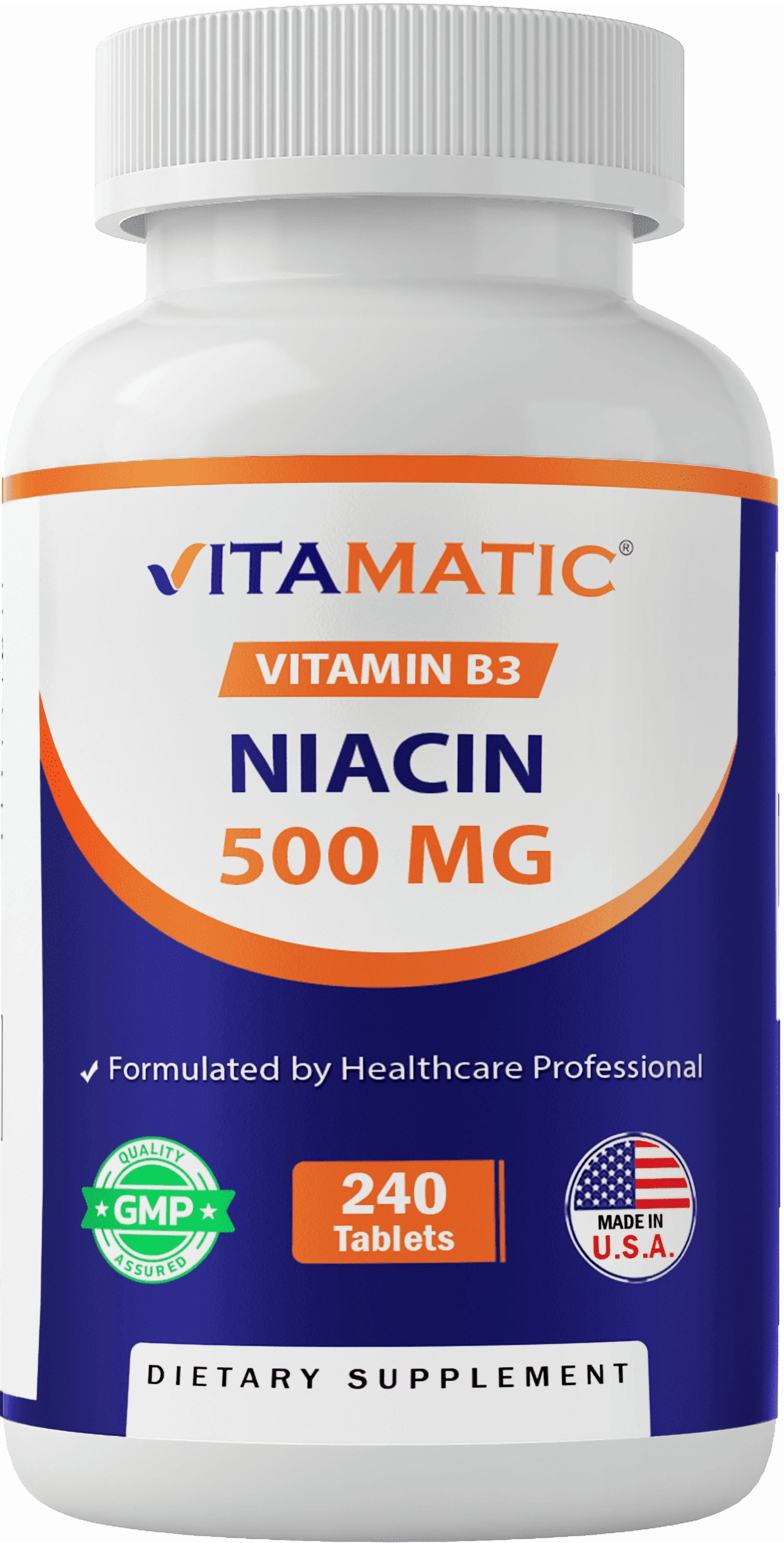 Vitamatic Niacin (Vitamin B3) 500mg, Sustained Release, 240 Tablets - Non-GMO & Gluten Free