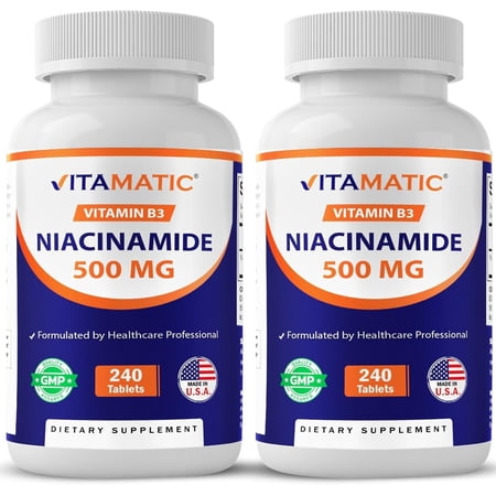 Vitamatic Niacinamide 500 mg 240 Tablets - Flush Free Vitamin B3 - Supports Energy Production- 2 Pack