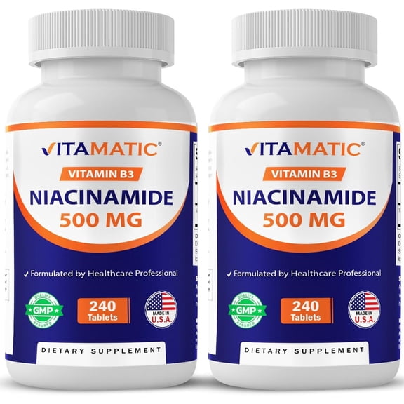 Vitamatic Niacinamide 500 mg 240 Tablets - Flush Free Vitamin B3 - Supports Energy Production- 2 Pack