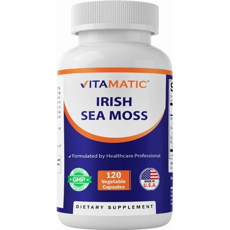 Vitamatic Organic Irish Sea Moss 120 Vegetarian Capsules - Made with Organic Bladderwrack & Organic Burdock Root - Seamoss Supplement for Thyroid, Energy, Immune Support