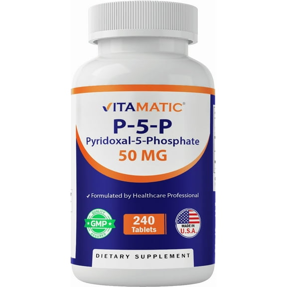 Vitamatic P5P 50 mg – Pyridoxal-5-Phosphate – Active Form of Vitamin B6 – Energy & Nervous System Support – Non-GMO, Gluten-Free – 240 Tablets