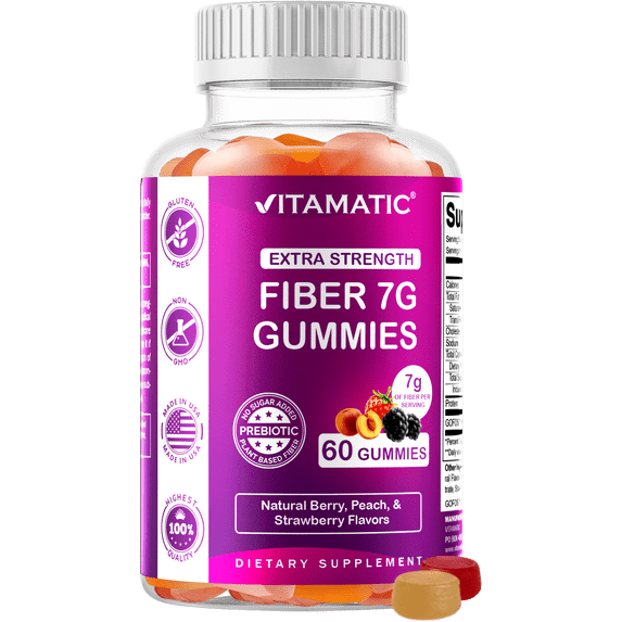 Vitamatic Prebiotic Fiber Gummies for Adults - 7G Fiber Extra Strength - Zero Sugar Added - 60 Pectin Based Gummies - Digestive Health & Regularity Support
