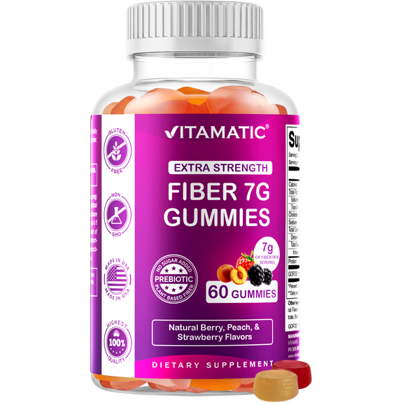Vitamatic Prebiotic Fiber Gummies for Adults - 7G Fiber Extra Strength - Zero Sugar Added - 60 Pectin Based Gummies - Digestive Health & Regularity Support