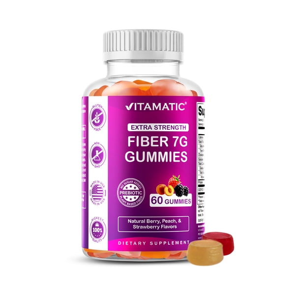 Vitamatic Prebiotic Fiber Gummies for Adults - 7G Fiber Extra Strength - Zero Sugar Added - 60 Pectin Based Gummies - Digestive Health & Regularity Support