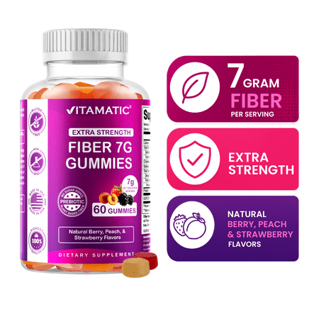 Vitamatic Prebiotic Fiber Gummies for Adults - 7G Fiber Extra Strength - Zero Sugar Added - 60 Pectin Based Gummies - Digestive Health & Regularity Support