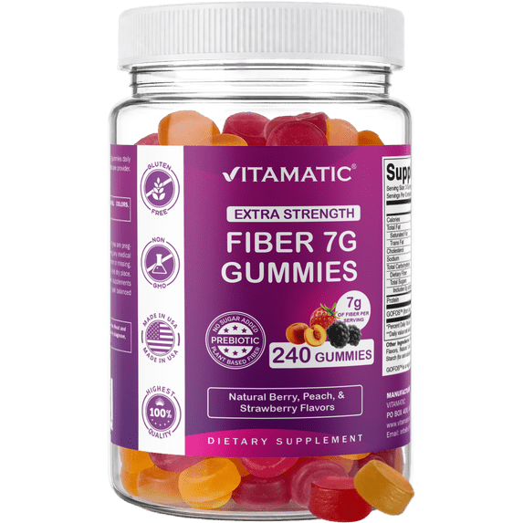 Vitamatic Prebiotic Fiber Gummies for Adults, 7G Extra Strength, Zero Sugar Added, 240 Pectin Based Gummies, Digestive Health & Regularity Support