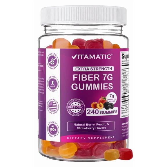 Vitamatic Prebiotic Fiber Gummies for Adults, 7G Extra Strength, Zero Sugar Added, 240 Pectin Based Gummies, Digestive Health & Regularity Support