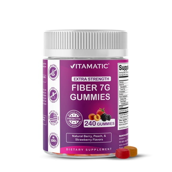 Vitamatic Prebiotic Fiber Gummies for Adults, 7G Extra Strength, Zero Sugar Added, 240 Pectin Based Gummies, Digestive Health & Regularity Support