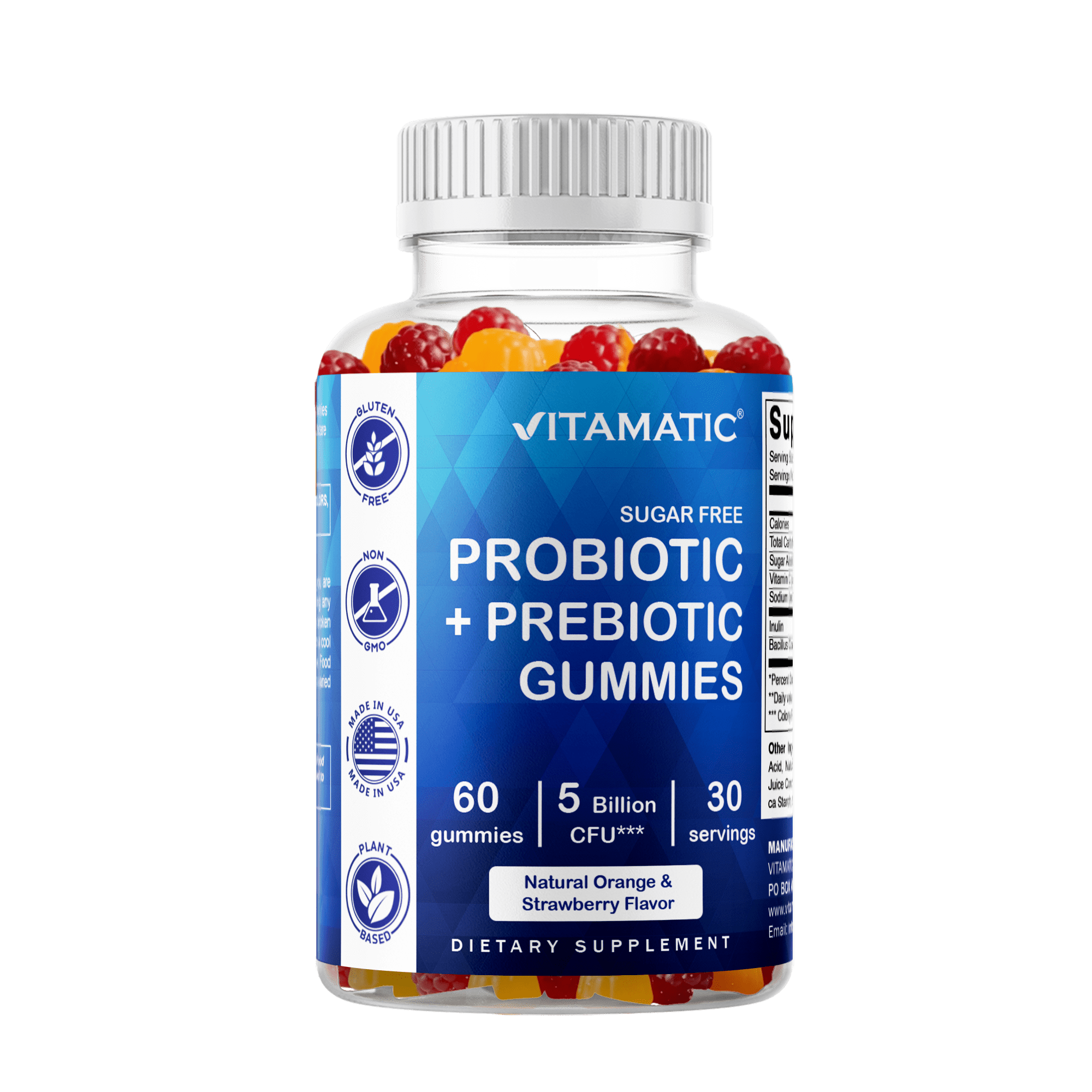 Vitamatic Probiotic Sugar Free Gummies for Men and Women 5 Billion CFUs - Digestive, Immune & Gut Health - Gluten FreeVitamatic Probiotic Sugar Free Gummies for Men and Women 5 Billion CFUs