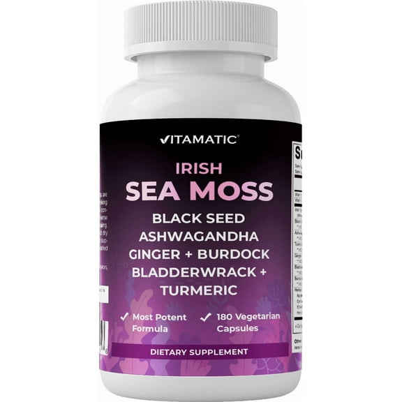 Vitamatic Sea Moss 3000mg Black Seed Oil 2000mg Ashwagandha 1000mg Turmeric 1000mg Bladderwrack 1000mg Burdock 1000mg 180 Veg Capsules