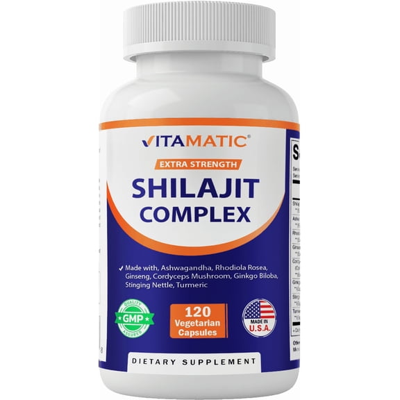 Vitamatic Shilajit Complex Capsules, 9000mg Equivalent, with Ashwagandha, Rhodiola, Ginseng, Cordyceps, Ginkgo, Nettle, Turmeric - 120 Veggie Capsules