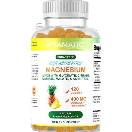 Vitamatic Sugar Free Magnesium Gummies - (MADE with GLYCINATE, CITRATE, TAURATE, MALATE, & ASPARTATE) - 400 mg per Serving - 120 Gummies - Promotes Healthy Relaxation, Muscle, Bone, & Energy Support