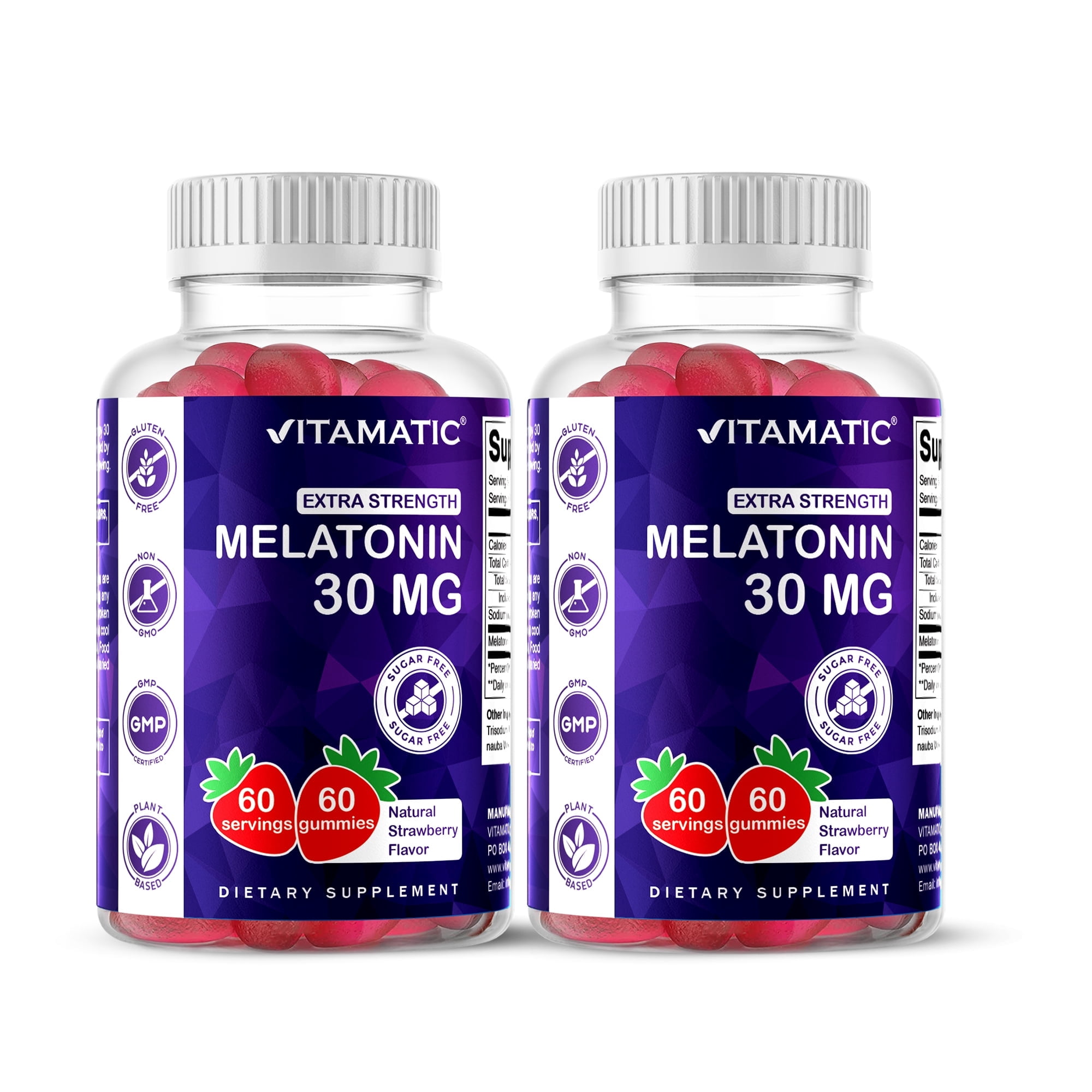 Vitamatic Sugar Free Melatonin 30mg per Gummy - 60 Servings - 60 Vegetarian Gummies - Non-Habit Forming Supplement (60 Count (Pack of 2))