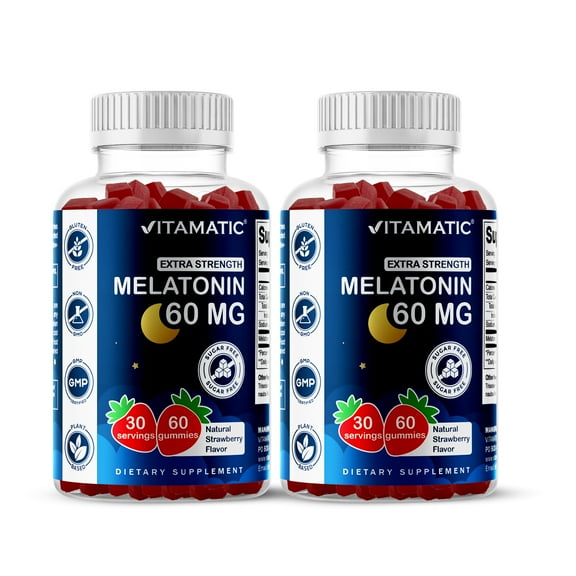 Vitamatic Sugar Free Melatonin 60mg - 60 Vegetarian Gummies - Non-Habit Forming Supplement - 2 Pack