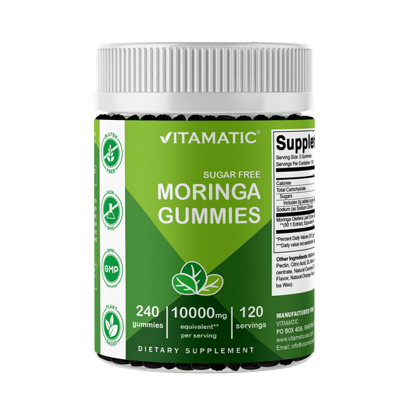 Vitamatic Sugar Free Moringa Gummies - 10000 mg Equivalent per Serving - Complete Green Superfood - 240 Pectin Based Gummies