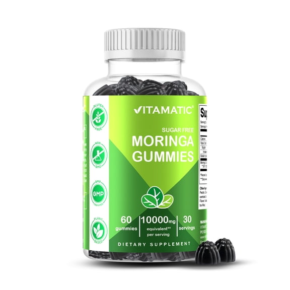 Vitamatic Sugar Free Moringa Gummies - 10000 mg Equivalent per Serving - Complete Green Superfood - 60 Pectin Based Gummies