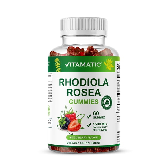 Vitamatic Sugar Free Rhodiola Rosea Gummies 1500 mg Equivalent Per Serving – 60 Gummies – Mixed Berry Flavor – Adaptogen Supplement – Supports Energy, Mood & Focus – Non-GMO, Made in The USA