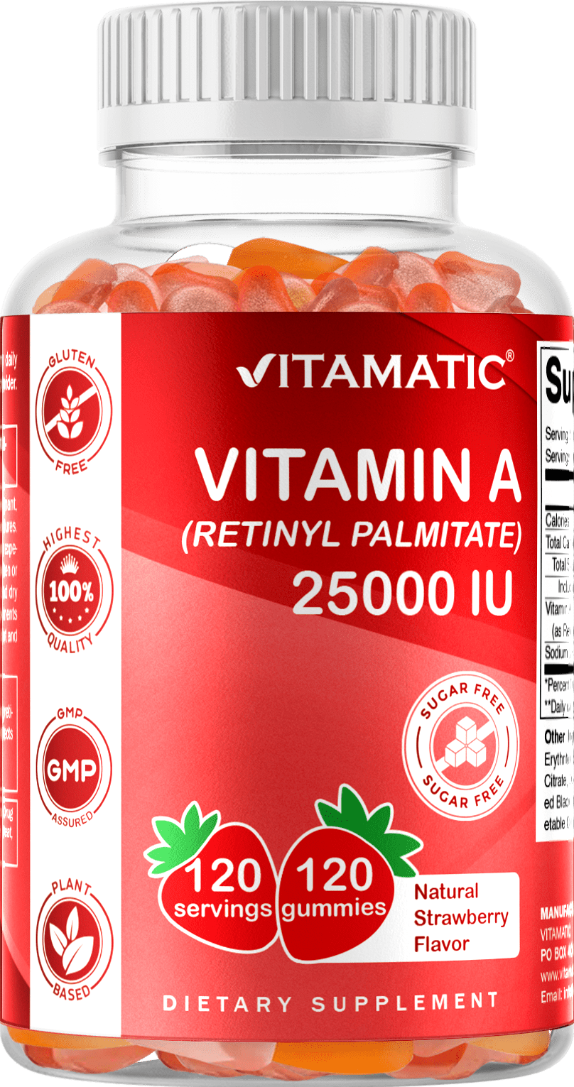Vitamatic Sugar-Free Vitamin A 25000 IU Gummies, Natural Strawberry, 120 Count, 4.65 oz