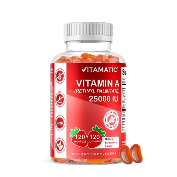 Vitamatic Sugar-Free Vitamin A 25000 IU Gummies, Natural Strawberry, 120 Count, 4.65 oz