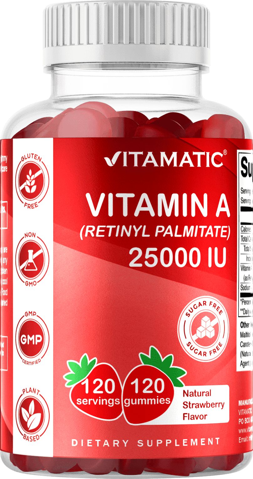 Vitamatic Sugar-Free Vitamin A 25000 IU Gummies, Natural Strawberry, 120 Count, 4.65 oz