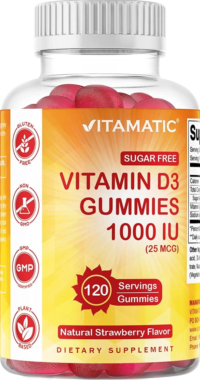 Vitamatic Sugar Free Vitamin D3 1000 IU - 120 Pectin Based Gummies - Great Taste - Healthy Bones, Mood & Immune System Function - Non-GMO - 120 Servings