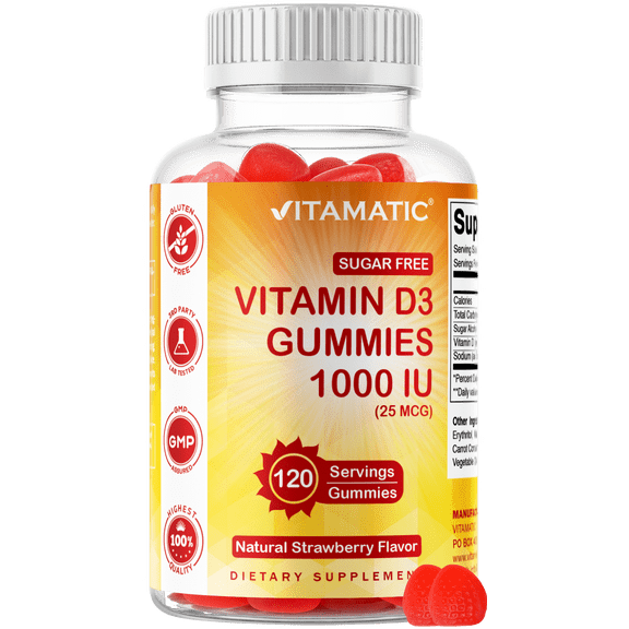 Vitamatic Sugar Free Vitamin D3 1000 IU - 120 Pectin Based Gummies - Great Taste - Healthy Bones, Mood & Immune System Function - Non-GMO - 120 Servings