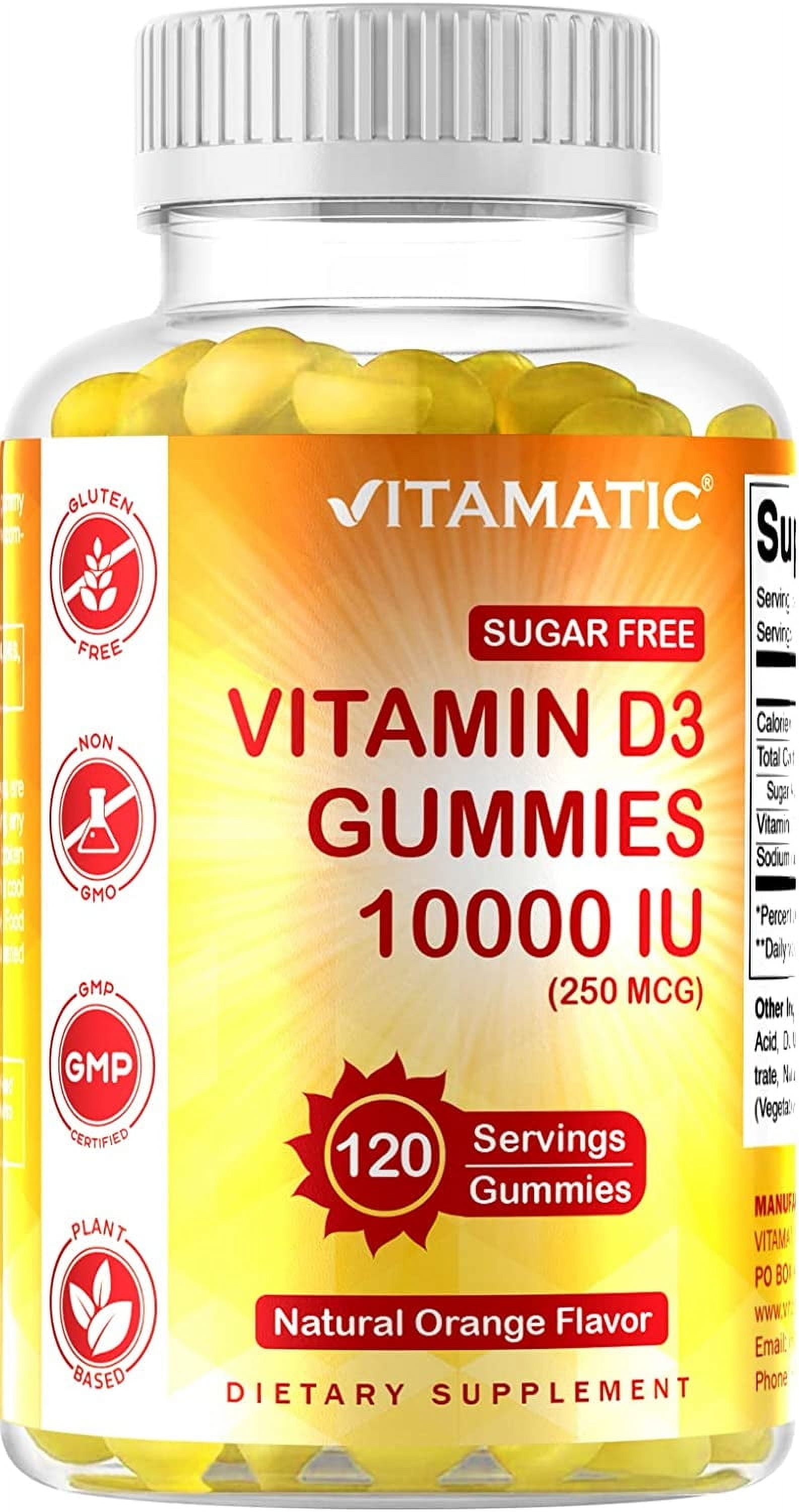 Vitamatic Sugar Free Vitamin D3 10000 IU per Gummy - 120 Pectin Based Gummies - Great Taste - Healthy Bones, Mood & Immune System Function - Non-GMO - 120 Servings