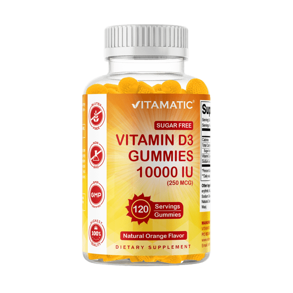 Vitamatic Sugar Free Vitamin D3 10000 IU per Gummy - 120 Pectin Based Gummies - Great Taste - Healthy Bones, Mood & Immune System Function - Non-GMO - 120 Servings