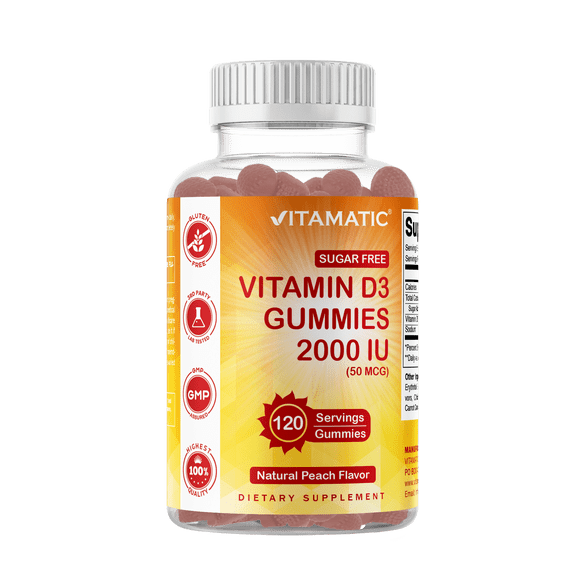 Vitamatic Sugar Free Vitamin D3 2000 IU - 120 Pectin Based Gummies - Great Taste - Healthy Bones, Mood & Immune System Function - Non-GMO - 120 Servings