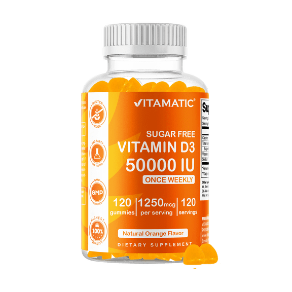 Vitamatic Sugar Free Vitamin D3 50,000 IU Weekly Supplement - 120 Pectin Based Gummies - Vitamin D Capsules for Bones, Teeth, and Immune Support