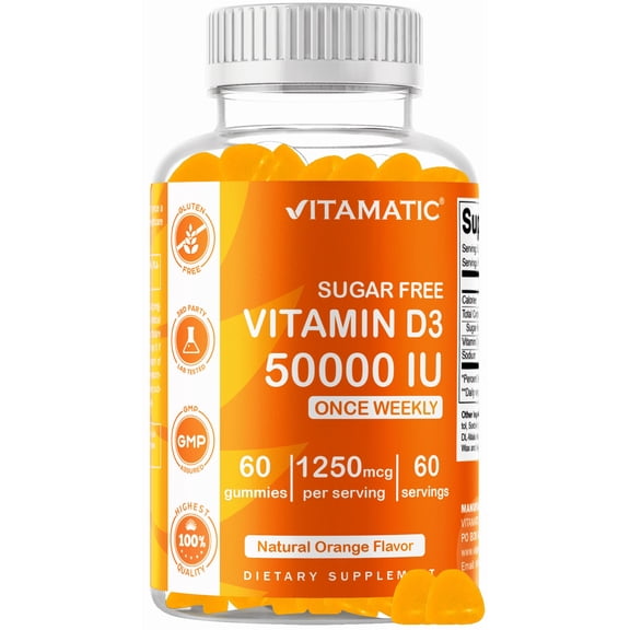 Vitamatic Sugar Free Vitamin D3 50,000 IU Weekly Supplement - 60 Pectin Based Gummies