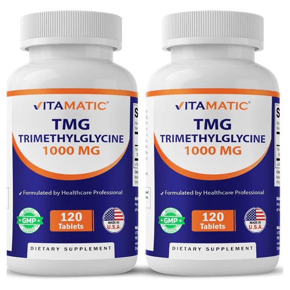 Vitamatic TMG Supplements 1000mg - Trimethylglycine - Betaine Anhydrous - 120 Tablets - 120 Servings - Non-GMO & Gluten Free (2 Bottles)