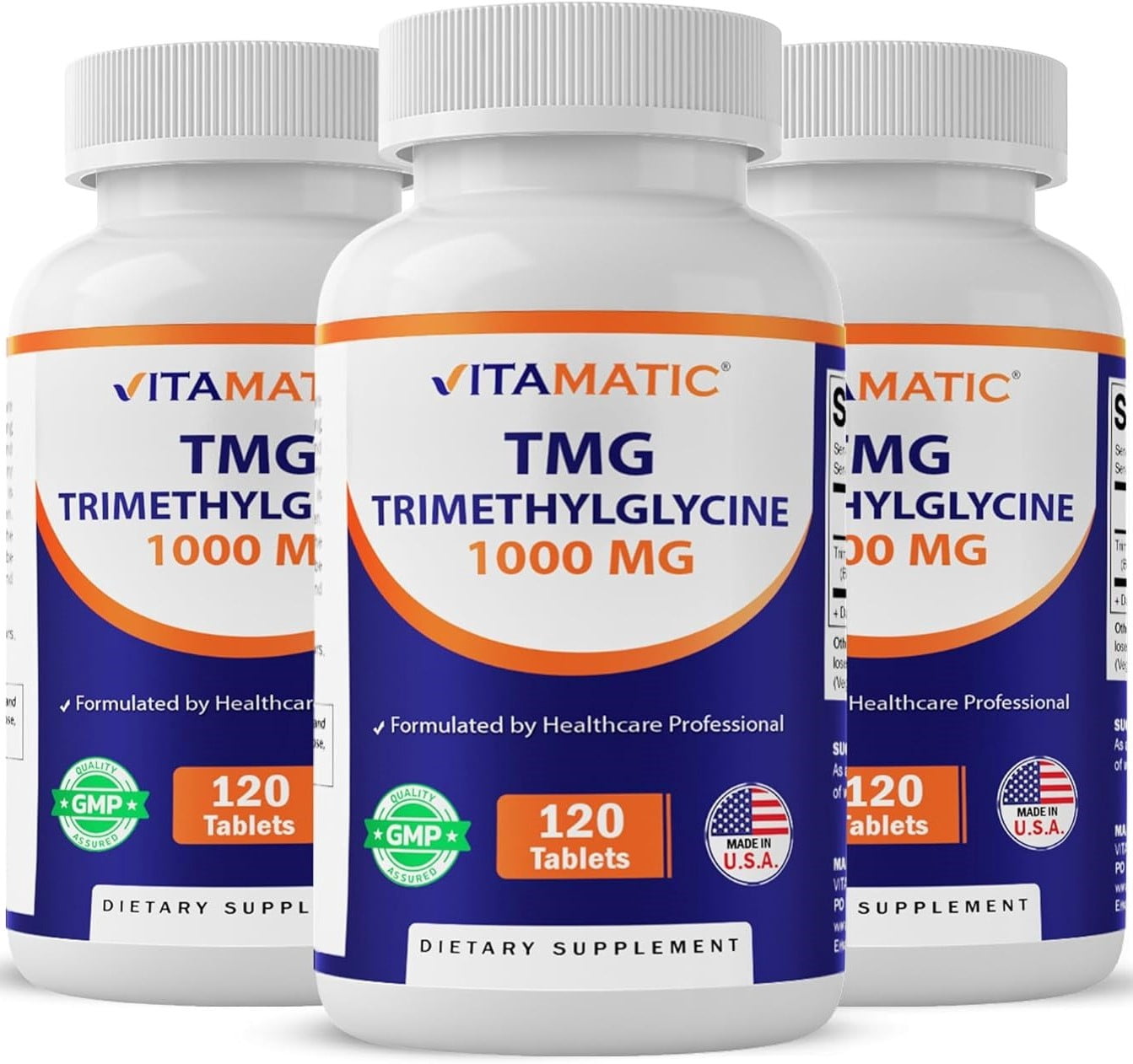 Vitamatic TMG Supplements 1000mg Trimethylglycine Betaine Anhydrous Non-GMO Gluten Free 3 Bottles 120 Tablets