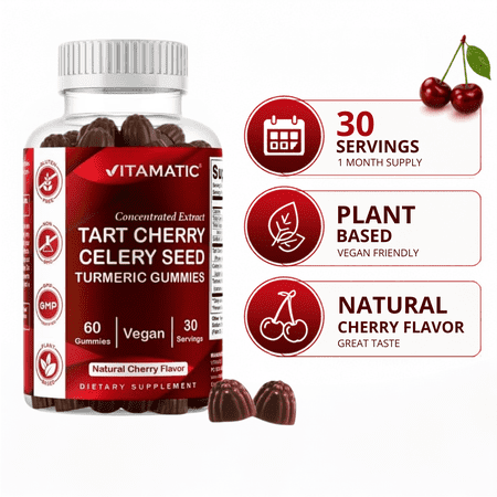 Vitamatic Tart Cherry (360 mg) with Celery Seed (30 mg) 10:1 Extract & Turmeric 20:1 Extract (10 mg) - (Per Serving/2 Gummies) - 60 Gummies