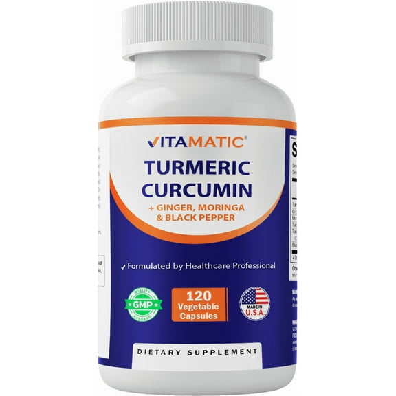Vitamatic Turmeric Curcumin 3000mg, 95% Curcuminoids, Black Pepper, Ginger, Moringa, 120 Vegetable Capsules, Non-GMO, Gluten Free (120 Capsules)