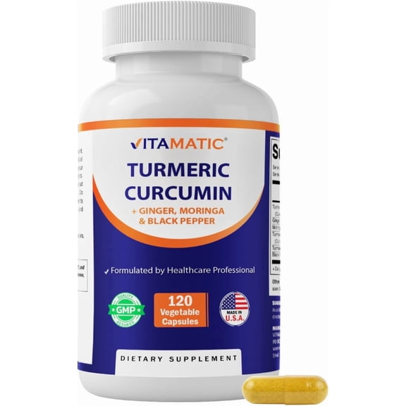 Vitamatic Turmeric Curcumin Supplement – Plant-Based Botanical Extract with Black Pepper, Ginger & Moringa – Vegetarian, Non-GMO, Gluten-Free – 120 Capsules
