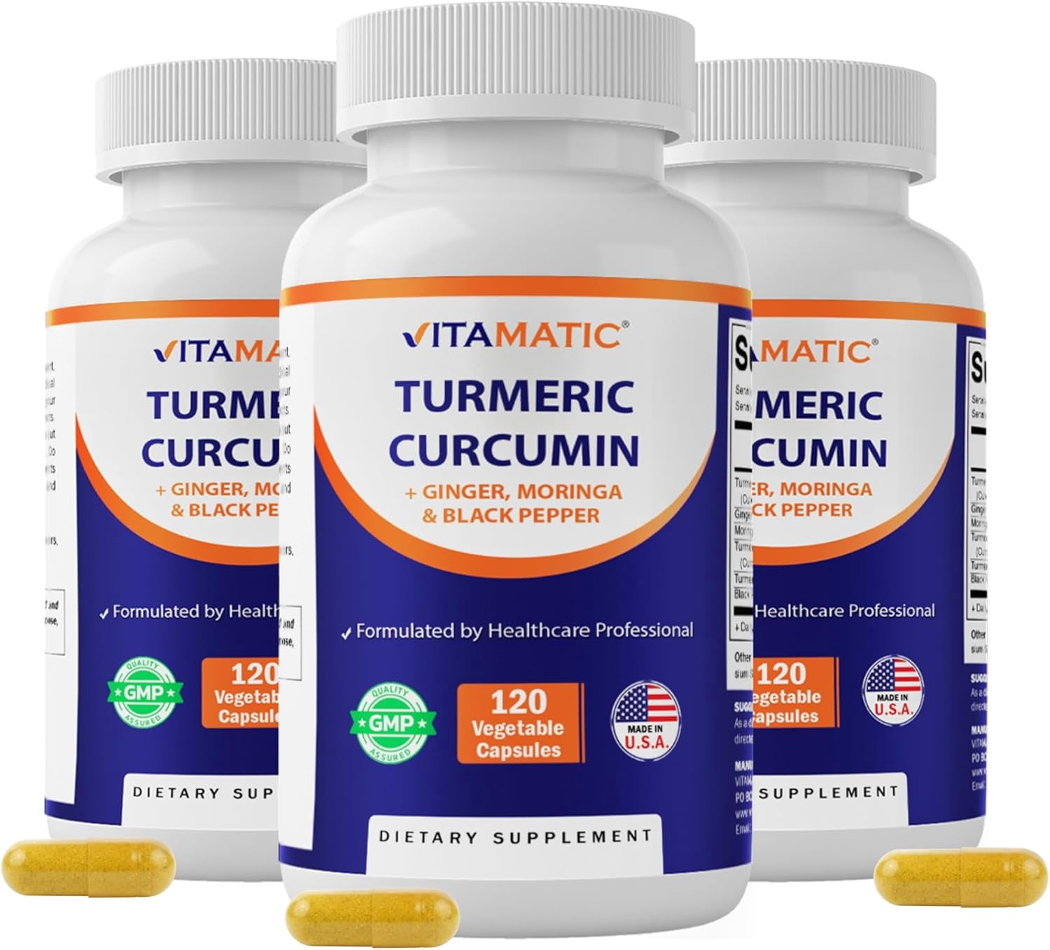 Vitamatic Turmeric Curcumin Supplement – Plant-Based Botanical Extract with Black Pepper, Ginger & Moringa – Vegetarian, Non-GMO, Gluten-Free – 120 Capsules - 3 pack