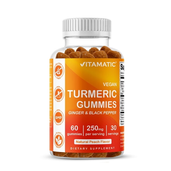 Vitamatic Turmeric Gummies with Ginger & Black Pepper Extract - 95% Curcuminoids - 60 Vegan Gummies