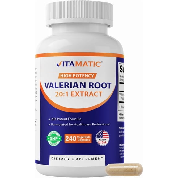 Vitamatic Valerian Root Extract 20:1 – Concentrated Botanical Extract Capsules – Non-GMO, Gluten Free – 240 Capsules