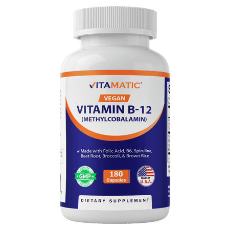Vitamatic Vegan B12 1000 mcg - Methyl B12 with Folic Acid, Vitamin B6, Spirulina, Beet Root, Broccoli & Brown Rice - Supports Healthy Mood, Energy, Heart & Eye Health - 180 Capsules