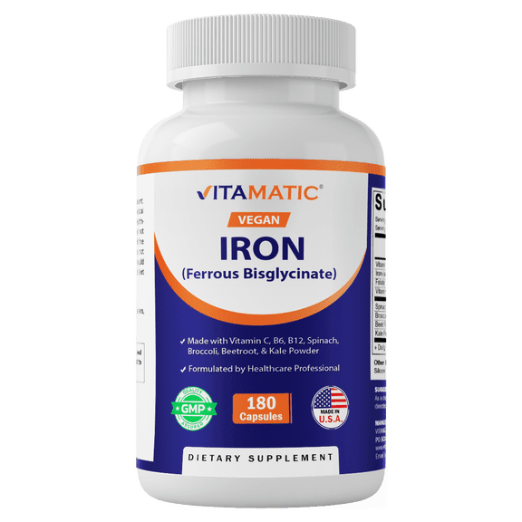Vitamatic Vegan Iron with Vitamin C, B6, B12 & Folic Acid | Plus Spinach, Broccoli, Beetroot & Kale | 180 Capsules | Non-GMO, Gluten-Free, Sugar-Free | Made in USA