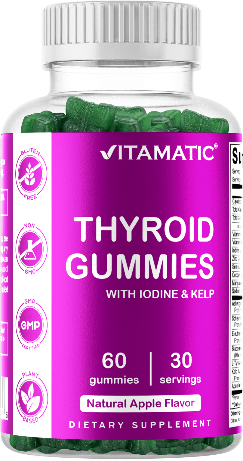 Vitamatic Vegan Thyroid Support Gummies with Iodine & Kelp - 60 Count - Improve Your Energy & Increase Metabolism - Plant Based