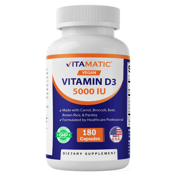 Vitamatic Vegan Vitamin D3 5000 IU | Plant Based Vitamin D from Lichen | Made with Carrot, Beet, Broccoli, Brown Rice & Parsley | 180 Capsules | Non-GMO, Gluten-Free | Made in USA