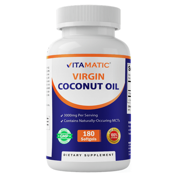 Vitamatic Virgin Coconut Oil Softgels, 3000 mg Per Serving, 60 Servings, 180 Count, Non-GMO, Gluten Free
