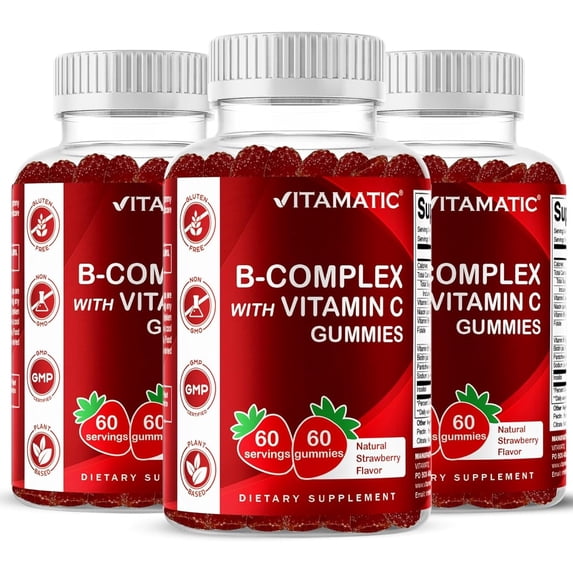 Vitamatic Vitamin B Complex Gummies with Vitamin C & Inositol - Natural Strawberry Flavor - 60 Gummies (3 Bottles)