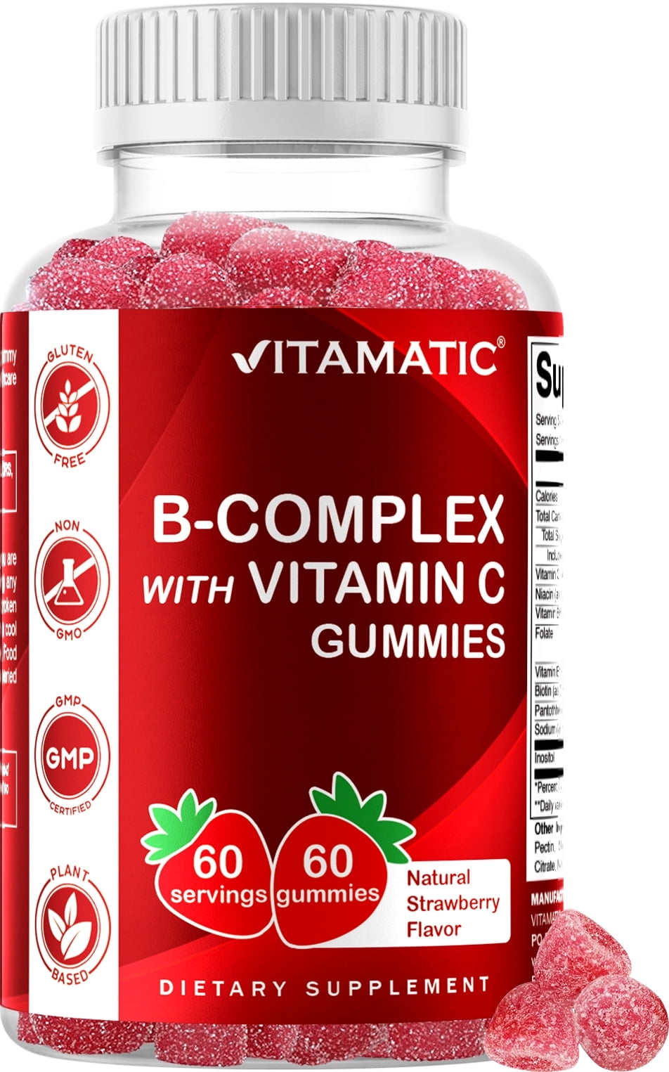 Vitamatic Vitamin B Complex Gummies with Vitamin C & Inositol - Natural Strawberry Flavor - 60 Gummies